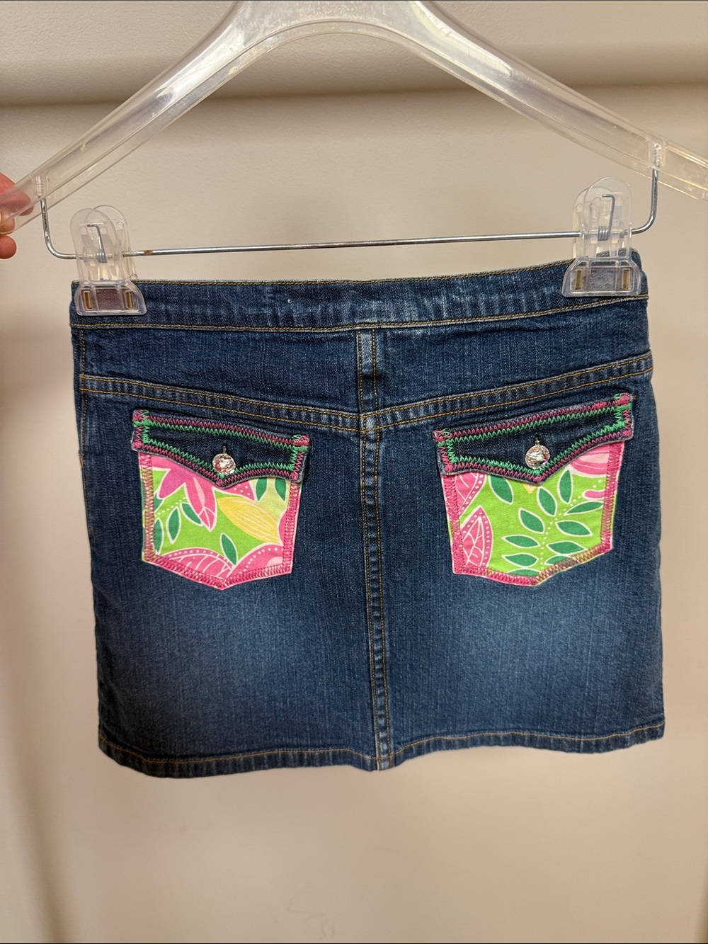 Vintage Lilly Pulitzer Denim Mini Skirt with Pink & Green Pocket Panels